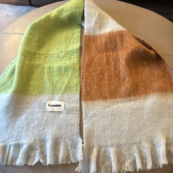NWOT Jill Sander Tricolor Wool/Mohair Fringed Scarf. Blue/Green/Brown. - Picture 1 of 6